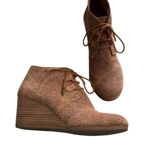 Tom’s tan faux suede Kala mini cheetah wedge ankle boots